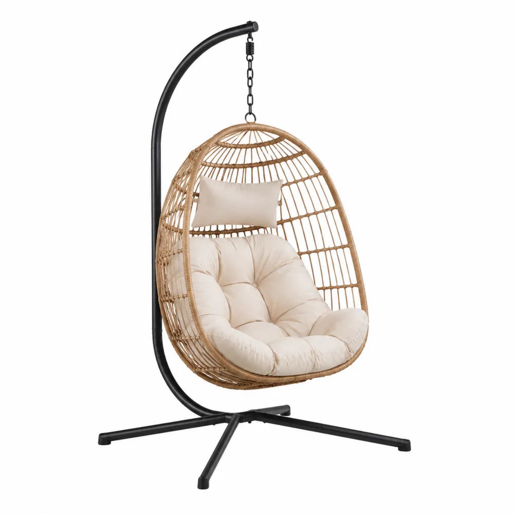 Chaise œuf suspendue d’extérieur en résine tressée avec support en acier noir et coussins beige 105 x 95 x 195 cm