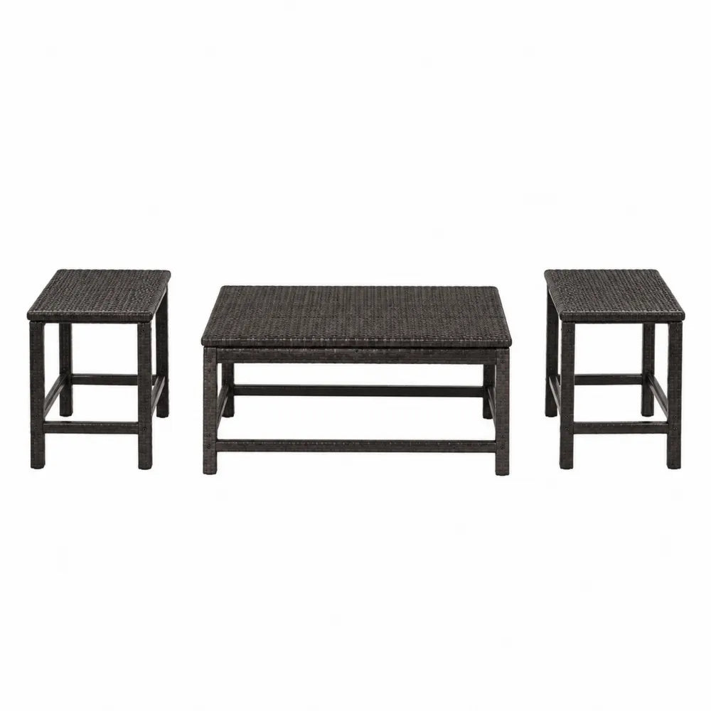 Ensemble de tables d’extérieur 3 pièces en résine tressée PE marron foncé avec structure acier noir 90 cm x 50 cm x 45 cm et 40 cm x 40 cm x 45 cm