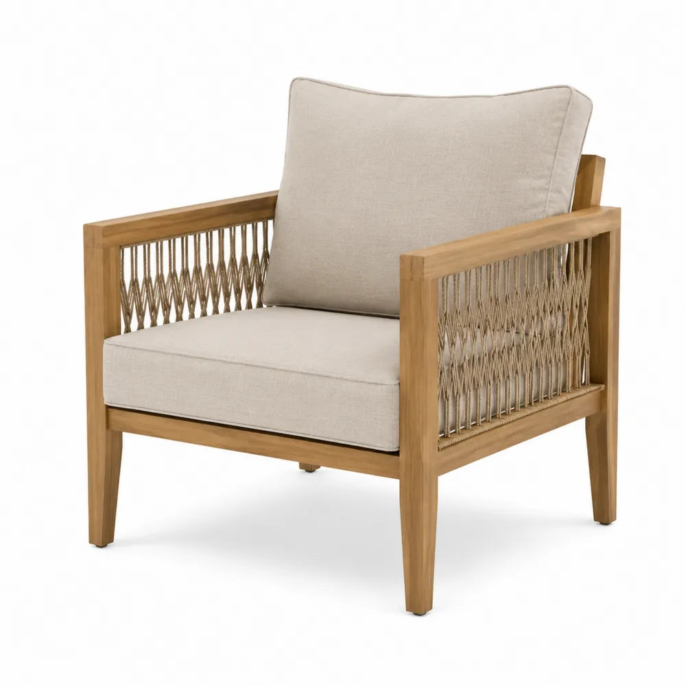 Fauteuil de jardin en bois d'acacia massif avec cordage polypropylène et coussins polyester beige 74 x 82 x 83 cm