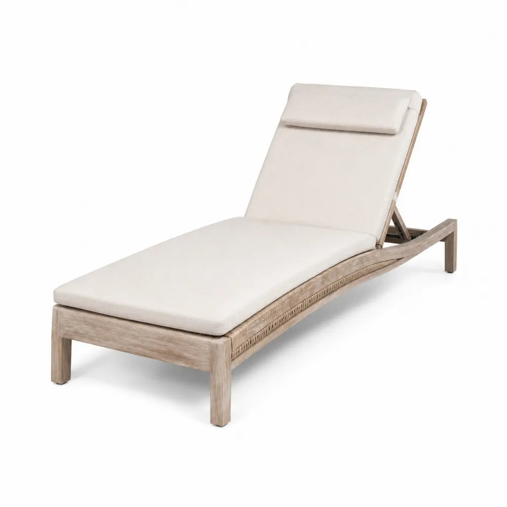 Chaise longue de jardin réglable en bois d’acacia naturel avec coussin écru et repose-tête 200 x 70 x 80 cm