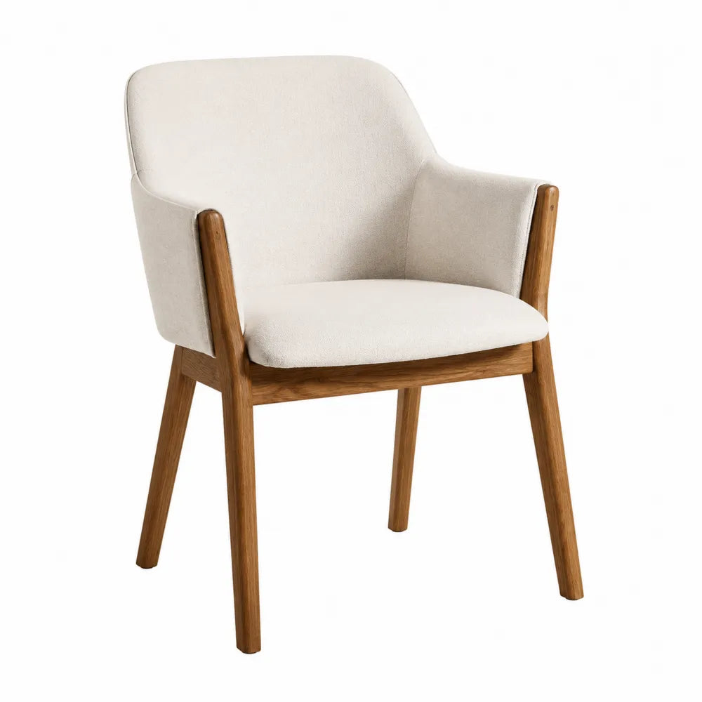 Chaise de salle à manger avec accoudoirs 60 x 58 x 82 cm tissu bouclé écru bois hévéa massif naturel