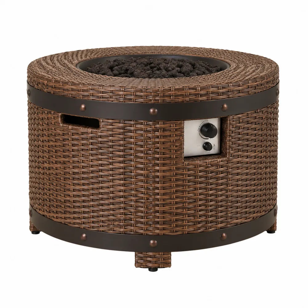 Table brasero extérieure ronde au gaz en résine tressée marron avec structure acier 107 cm x 107 cm x 64 cm