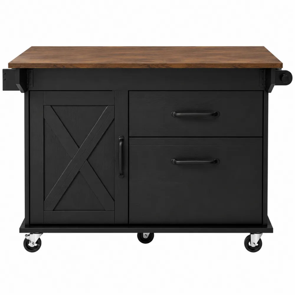 Chariot multifonction rectangulaire 115 x 45 x 90 cm MDF noir plateau décor noyer avec porte et tiroirs sur roulettes