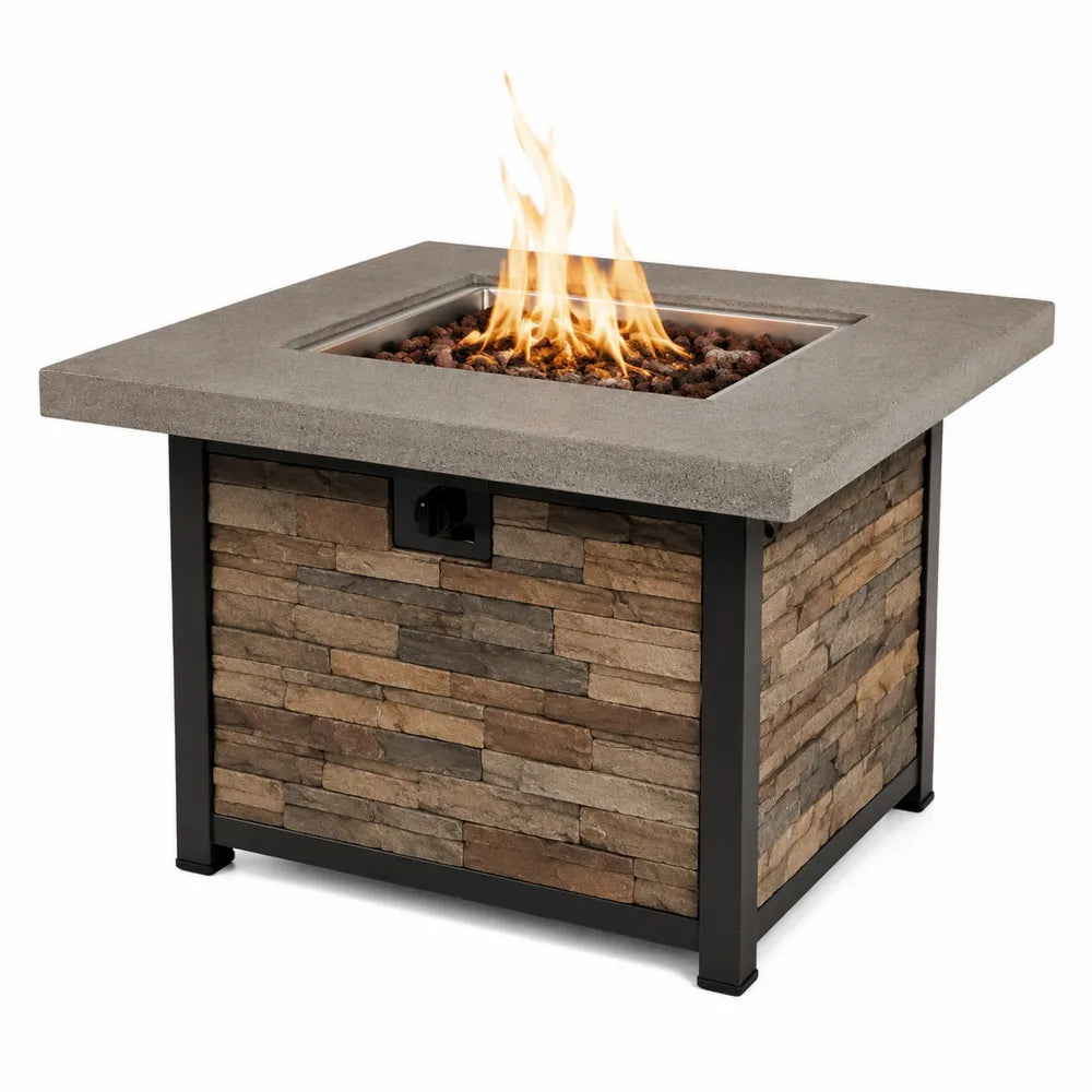 Table brasero extérieure carrée au gaz en béton composite et parement pierre avec brûleur acier 100 cm x 100 cm x 65 cm