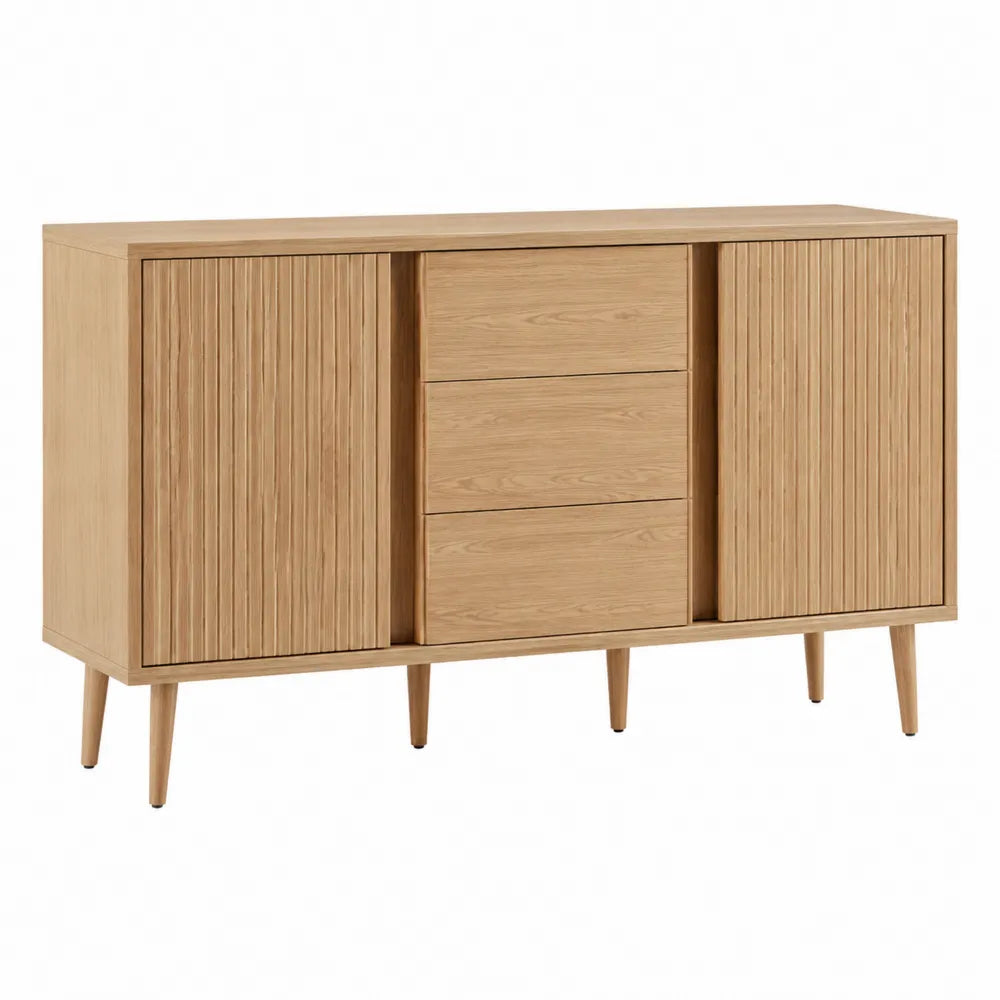 Buffet de salle à manger 160 x 40 x 80 cm bois chêne clair 2 portes 3 tiroirs sur pieds bois massif