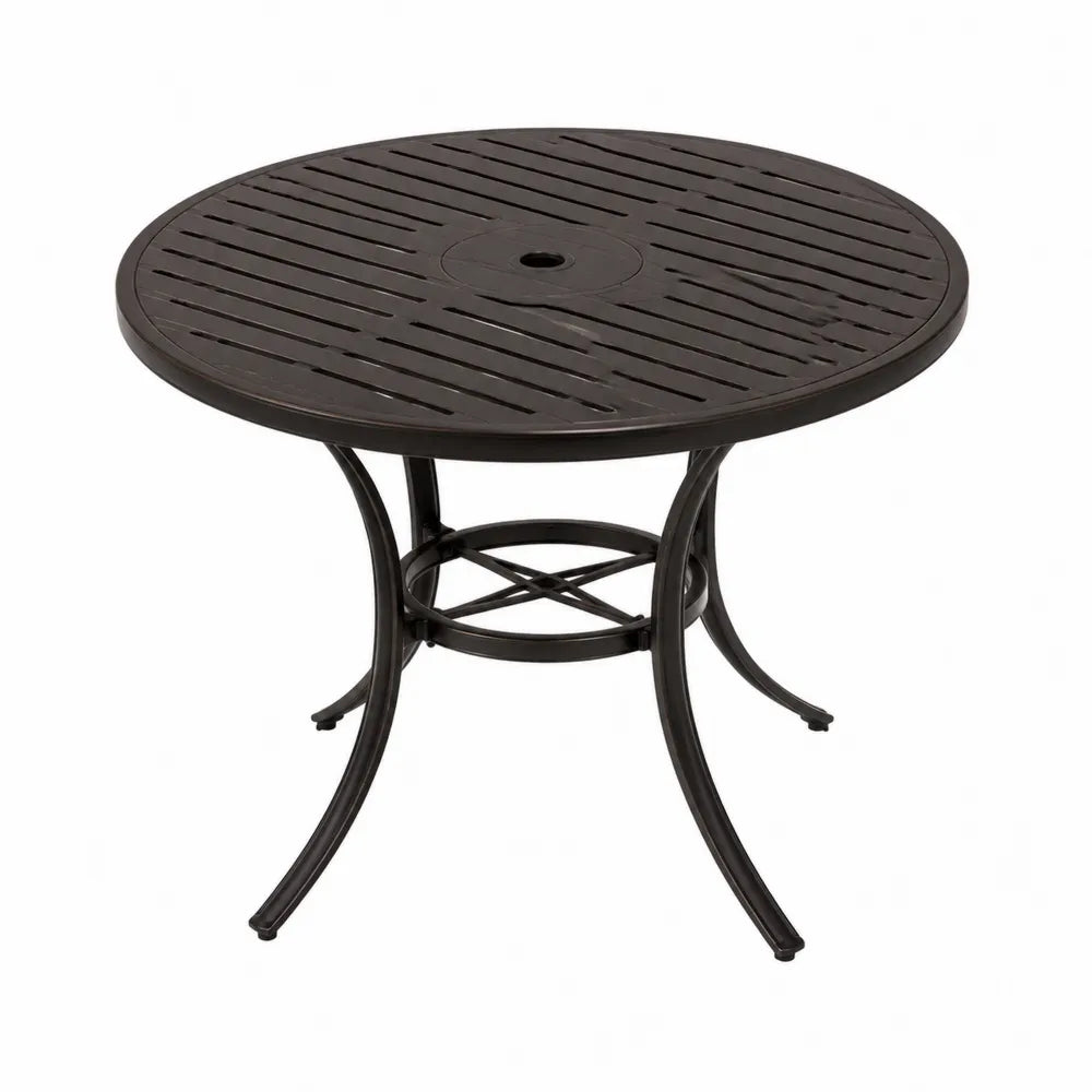 Table de jardin ronde en aluminium moulé bronze foncé avec trou pour parasol 120 cm x 120 cm x 74 cm