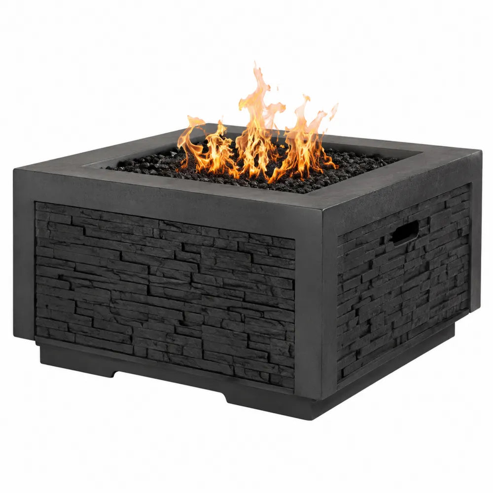 Table brasero extérieure carrée au gaz en béton composite gris pierre et acier noir 86 x 86 x 63 cm