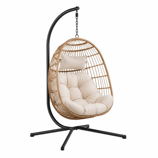 Chaise œuf suspendue d’extérieur en résine tressée avec support en acier noir et coussins beige 105 x 95 x 195 cm