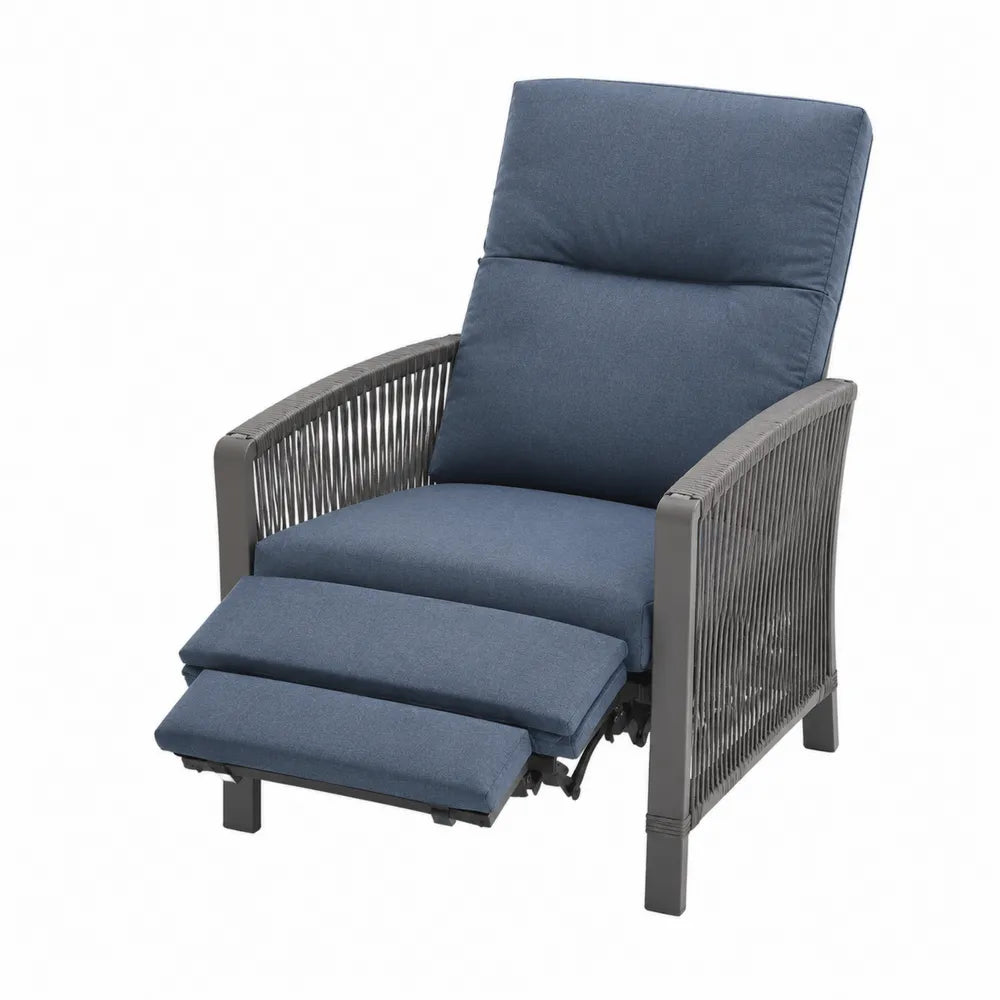 Fauteuil de jardin inclinable avec repose-pieds en corde PE et aluminium gris coussins polyester bleu 78 x 95 x 106 cm
