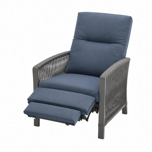 Fauteuil de jardin inclinable avec repose-pieds en corde PE et aluminium gris coussins polyester bleu 78 x 95 x 106 cm