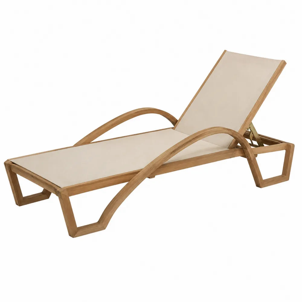Chaise longue de jardin réglable avec accoudoirs en bois d’acacia et toile polyester beige 200 x 65 x 85 cm