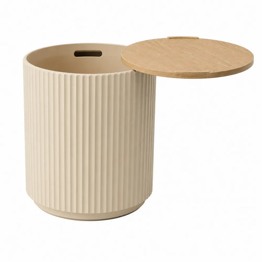 Table d’appoint extérieure avec rangement ronde en PP cannelé beige et couvercle en bambou naturel 42 cm x 42 cm x 46 cm