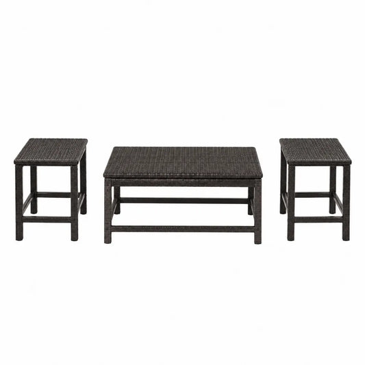 Ensemble de tables d’extérieur 3 pièces en résine tressée PE marron foncé avec structure acier noir 90 cm x 50 cm x 45 cm et 40 cm x 40 cm x 45 cm