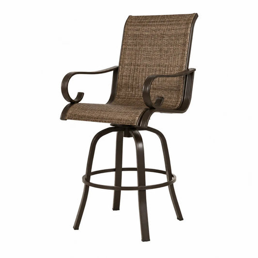 Chaise de bar d’extérieur pivotante en résine tressée marron avec structure en acier noir et repose-pieds