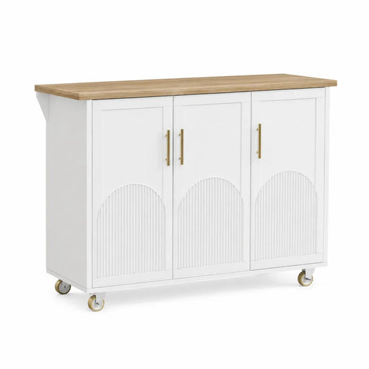 Chariot multifonction de cuisine rectangulaire 120 cm x 45 cm x 90 cm MDF blanc plateau bois naturel 3 portes et roulettes