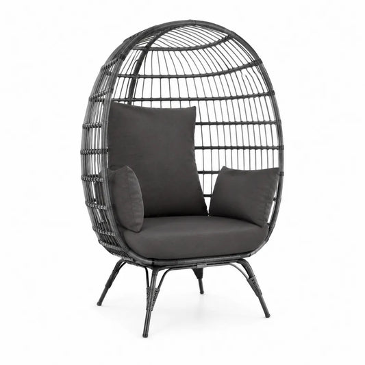 Fauteuil œuf de jardin en résine tressée PE gris foncé avec coussins anthracite et structure acier 95 x 90 x 150 cm