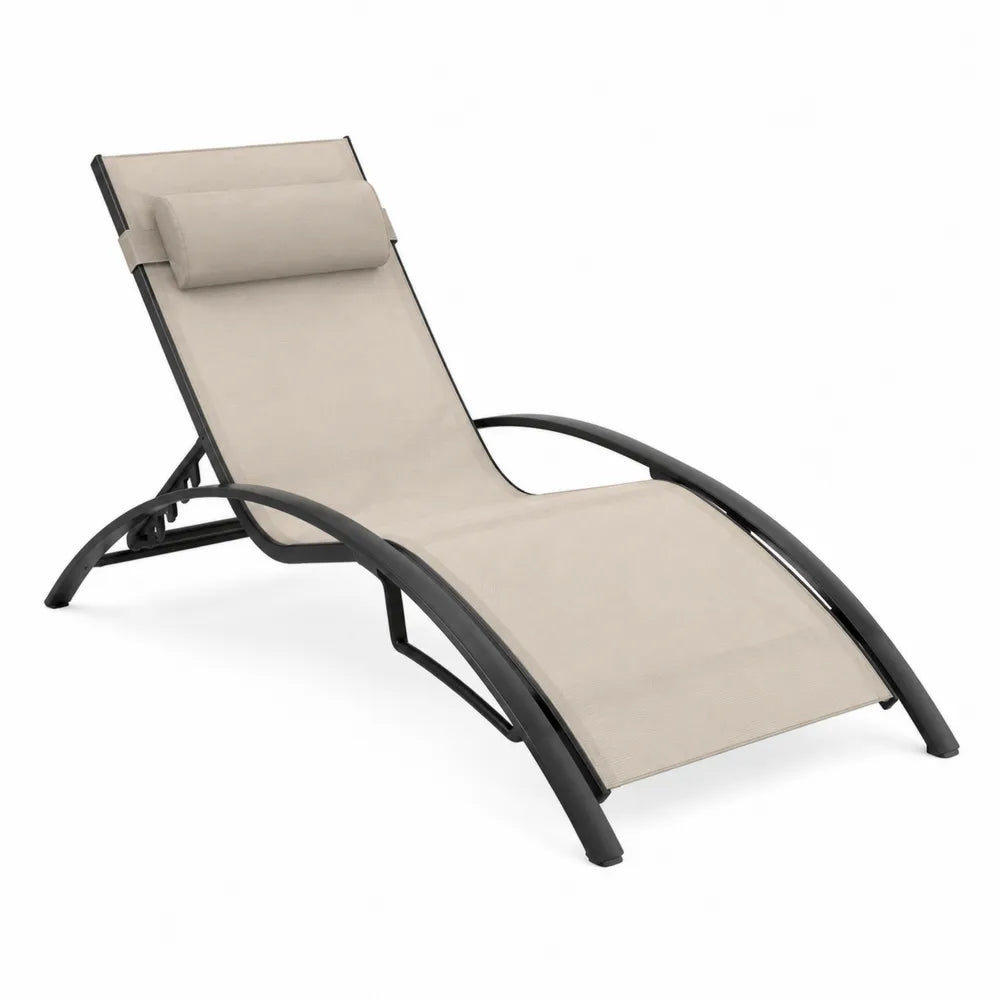 Bain de soleil réglable en acier noir avec toile polyester enduite PVC beige et oreiller 195 x 64 x 96 cm