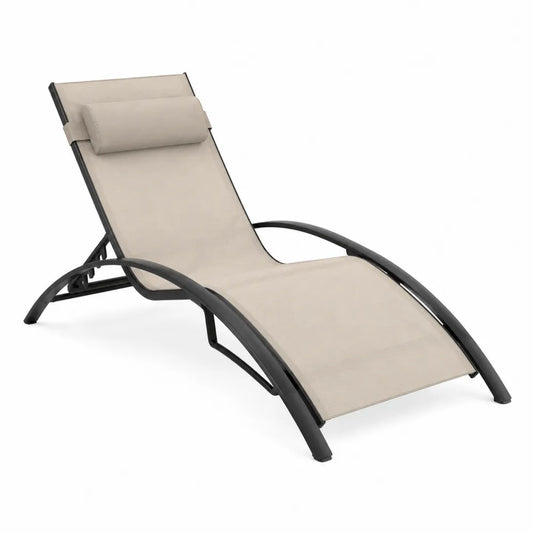 Bain de soleil réglable en acier noir avec toile polyester enduite PVC beige et oreiller 195 x 64 x 96 cm