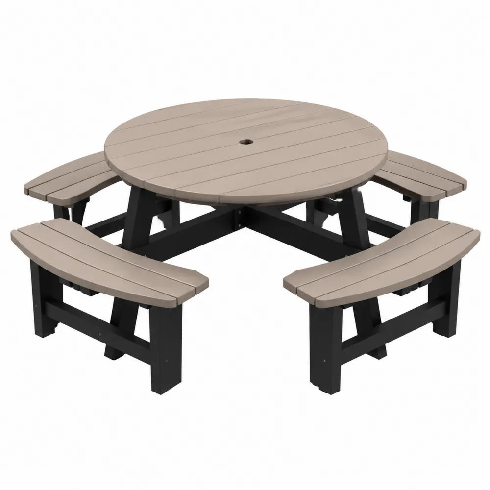 Ensemble table de jardin ronde avec 4 bancs intégrés en lames PEHD taupe structure acier noir 200 cm x 200 cm x 74 cm