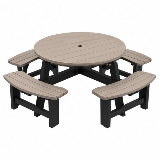 Ensemble table de jardin ronde avec 4 bancs intégrés en lames PEHD taupe structure acier noir 200 cm x 200 cm x 74 cm