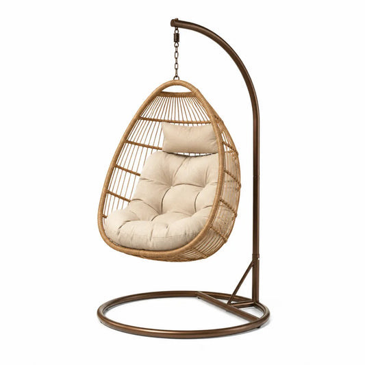 Chaise suspendue œuf de jardin en résine tressée PE avec support en acier brun et coussins beige 105 x 95 x 198 cm