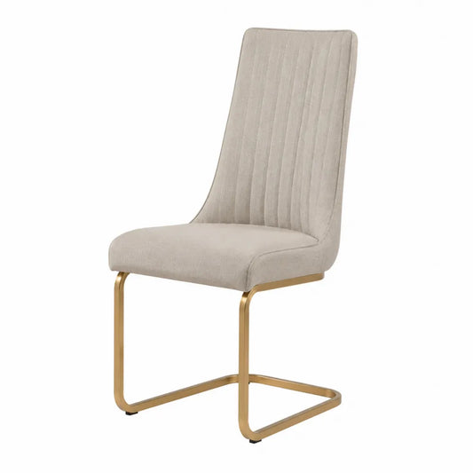 Chaise de salle à manger cantilever rembourrée tissu polyester beige structure acier doré dimensions 45 x 58 x 100 cm