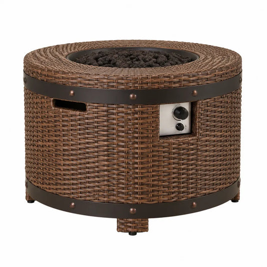 Table brasero extérieure ronde au gaz en résine tressée marron avec structure acier 107 cm x 107 cm x 64 cm