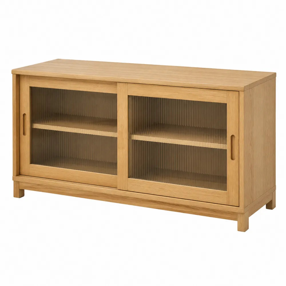 Buffet de salle à manger 120 x 40 x 70 cm chêne clair panneaux mélaminés 2 portes coulissantes verre cannelé étagères intérieures