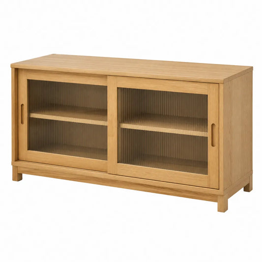 Buffet de salle à manger 120 x 40 x 70 cm chêne clair panneaux mélaminés 2 portes coulissantes verre cannelé étagères intérieures