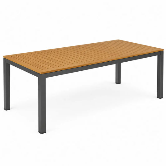 Table de jardin rectangulaire en bois à lattes et structure en acier noir 180 cm x 90 cm x 74 cm