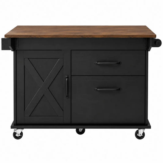 Chariot multifonction rectangulaire 115 x 45 x 90 cm MDF noir plateau décor noyer avec porte et tiroirs sur roulettes