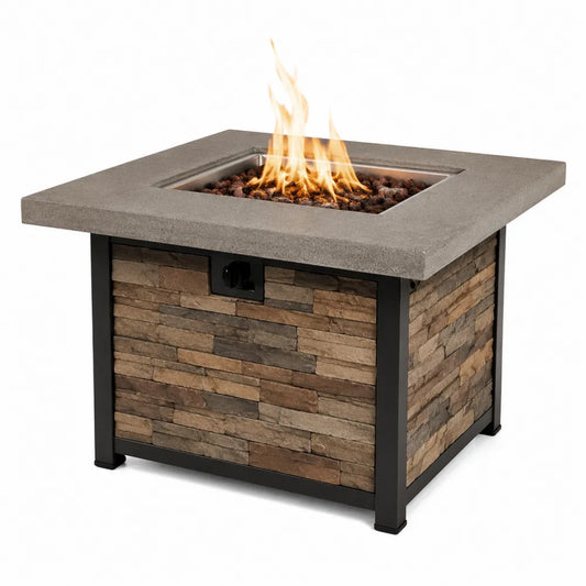 Table brasero extérieure carrée au gaz en béton composite et parement pierre avec brûleur acier 100 cm x 100 cm x 65 cm