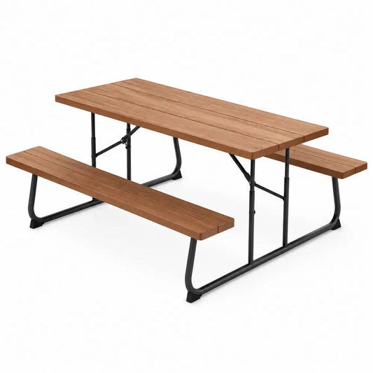 Table de pique-nique d’extérieur rectangulaire avec 2 bancs intégrés en bois massif et acier noir environ 180 cm x 140 cm x 75 cm