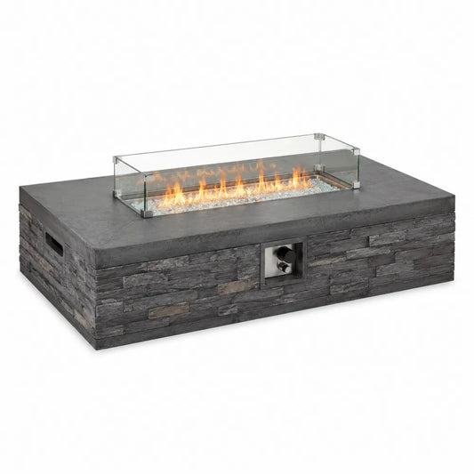 Table brasero extérieure rectangulaire au gaz en béton composite anthracite avec parement pierre et pare-vent en verre 152 cm x 71 cm x 64 cm