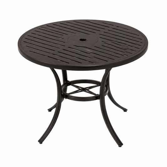 Table de jardin ronde en aluminium moulé bronze foncé avec trou pour parasol 120 cm x 120 cm x 74 cm