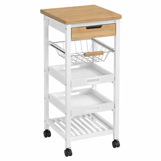 Chariot de cuisine multifonction 45 x 35 x 90 cm bois naturel et acier blanc avec tiroir panier et roulettes